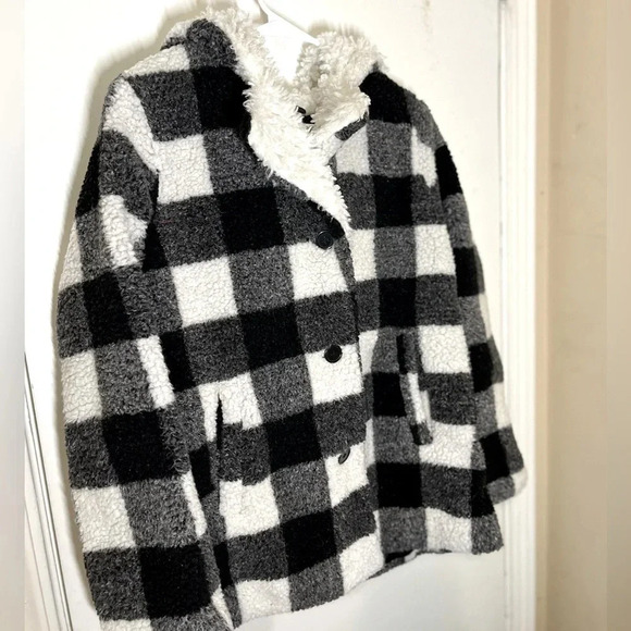 Steve Madden Black and White Plaid Sherpa Hooded Jacket US Large, worn once - Picture 1 of 15